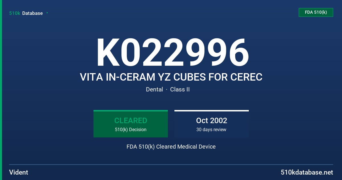 K022996 VITA IN-CERAM YZ CUBES FOR CEREC FDA 510(k) Cleared Medical Device