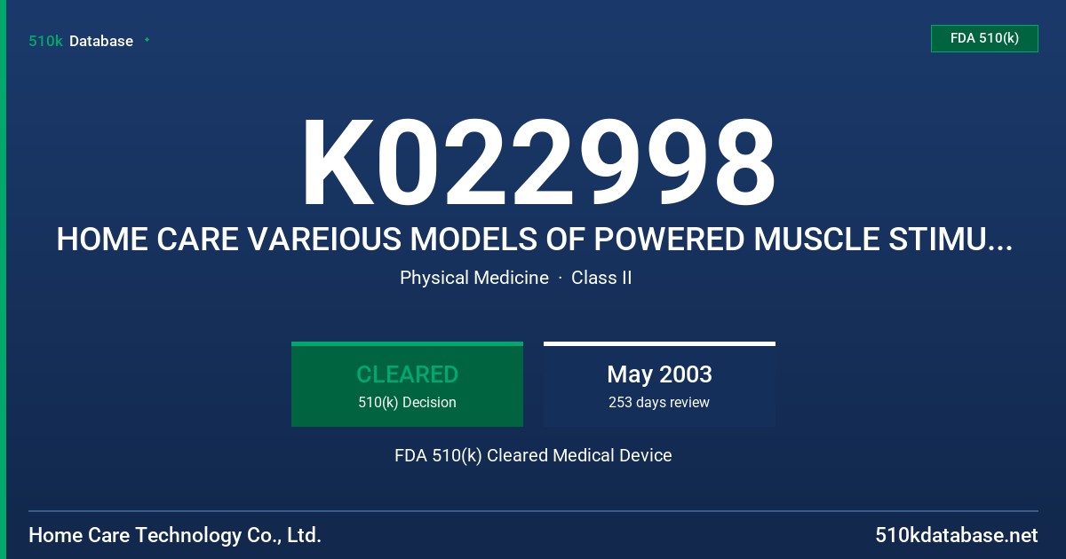 K022998 HOME CARE VAREIOUS MODELS OF POWERED MUSCLE STIMULATOR, HT-311, HT-311N, HT-312 FDA 510(k) Cleared Medical Device