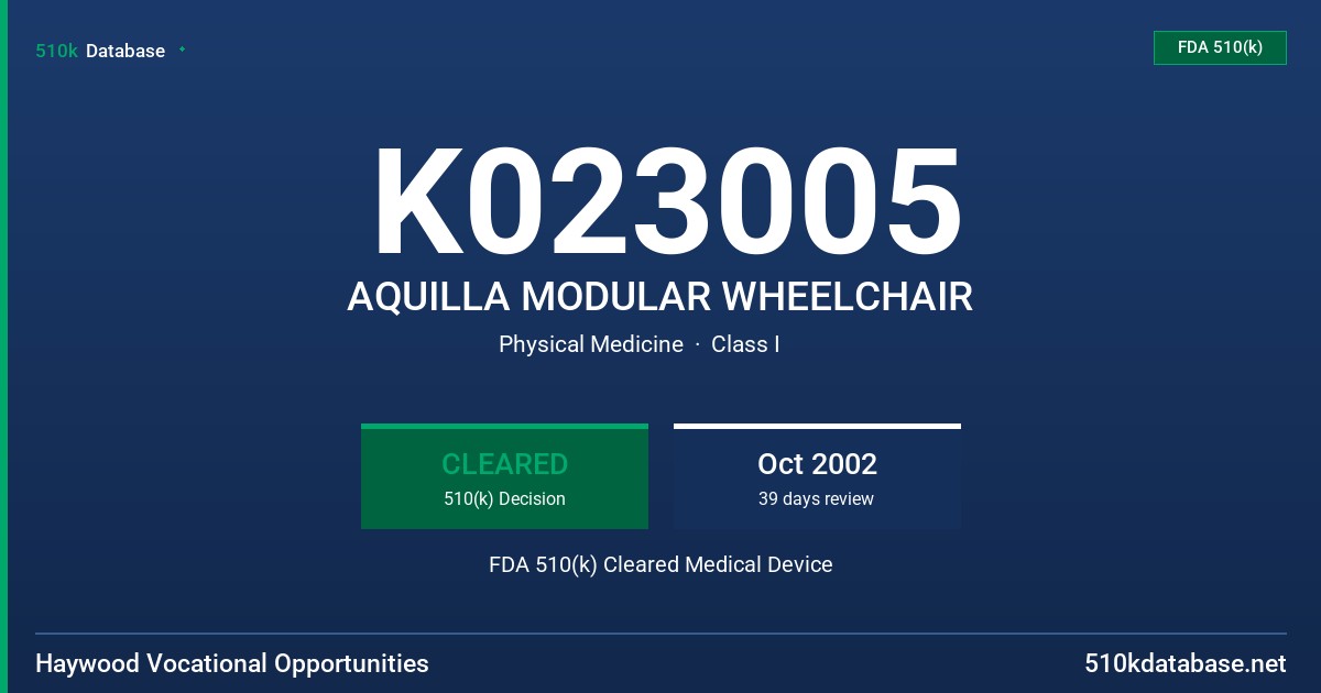 K023005 AQUILLA MODULAR WHEELCHAIR FDA 510(k) Cleared Medical Device