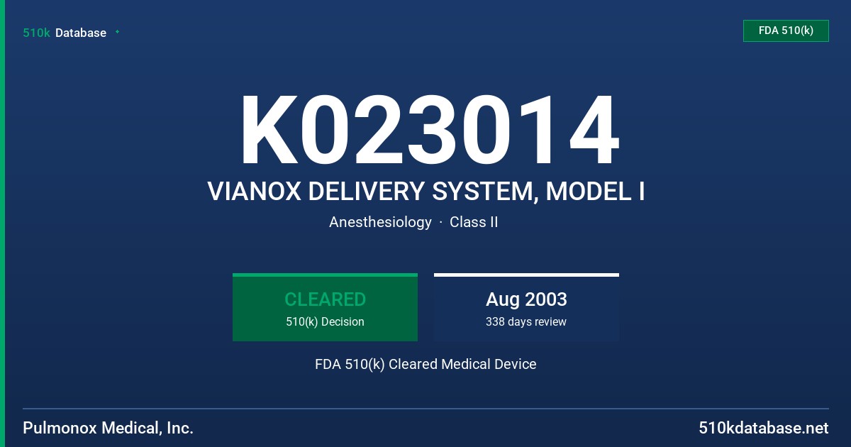 K023014 VIANOX DELIVERY SYSTEM, MODEL I FDA 510(k) Cleared Medical Device