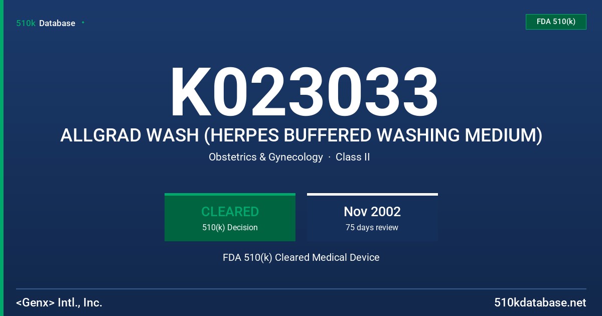 K023033 ALLGRAD WASH (HERPES BUFFERED WASHING MEDIUM) FDA 510(k) Cleared Medical Device