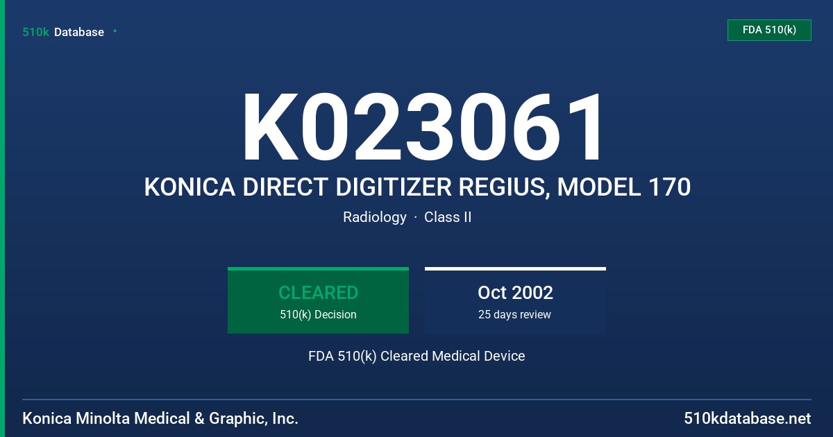 K023061 KONICA DIRECT DIGITIZER REGIUS, MODEL 170 FDA 510(k) Cleared Medical Device