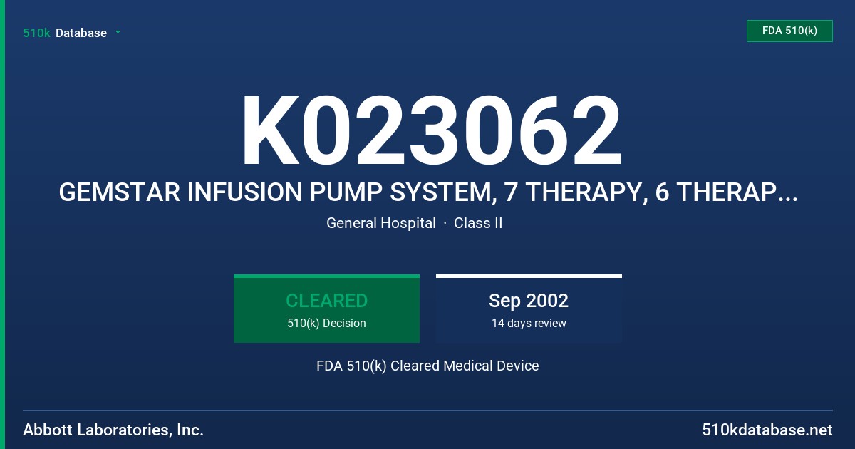 K023062 GEMSTAR INFUSION PUMP SYSTEM, 7 THERAPY, 6 THERAPY & PAIN MANAGEMENT FDA 510(k) Cleared Medical Device