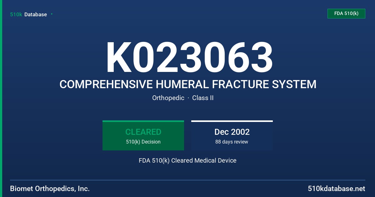 K023063 COMPREHENSIVE HUMERAL FRACTURE SYSTEM FDA 510(k) Cleared Medical Device