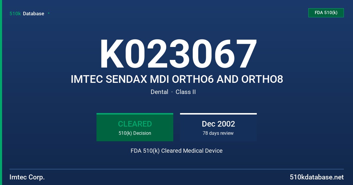K023067 IMTEC SENDAX MDI ORTHO6 AND ORTHO8 FDA 510(k) Cleared Medical Device