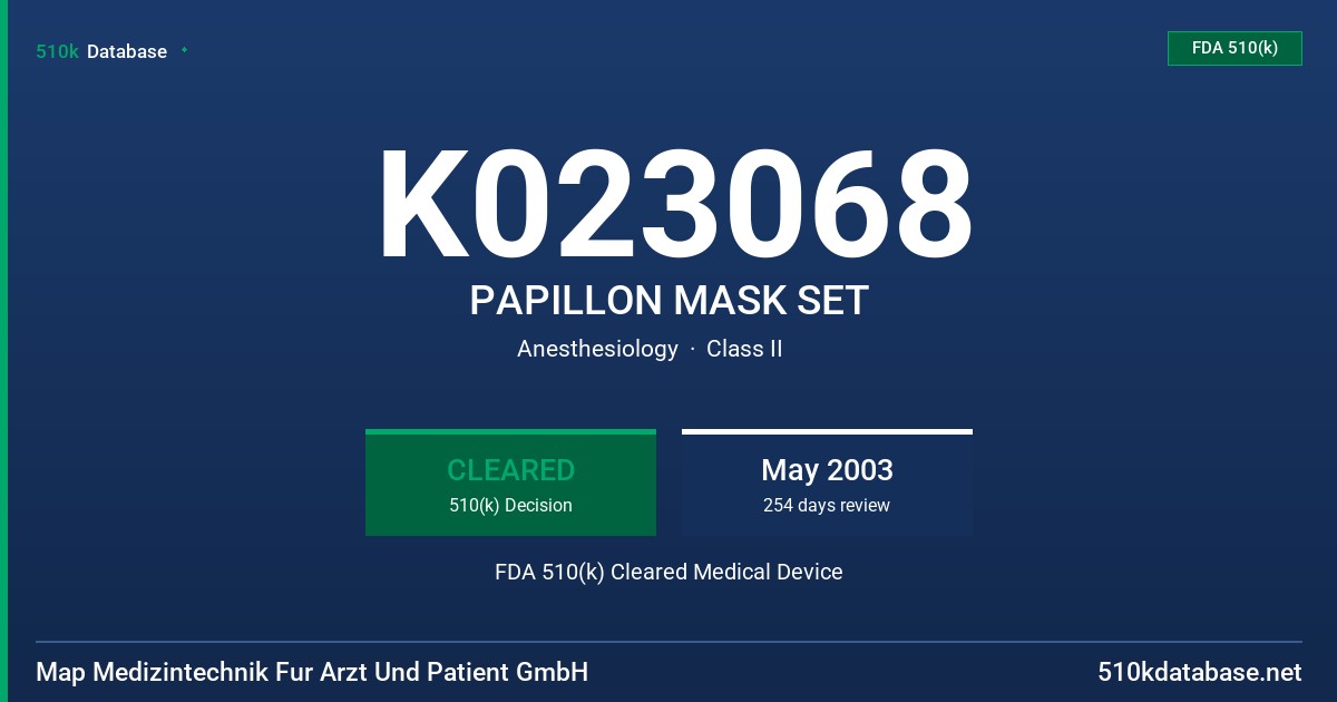 K023068 PAPILLON MASK SET FDA 510(k) Cleared Medical Device