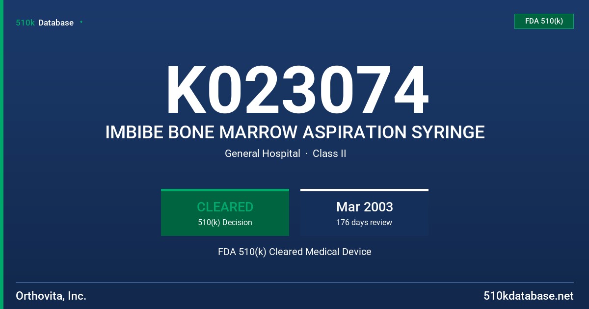 K023074 IMBIBE BONE MARROW ASPIRATION SYRINGE FDA 510(k) Cleared Medical Device