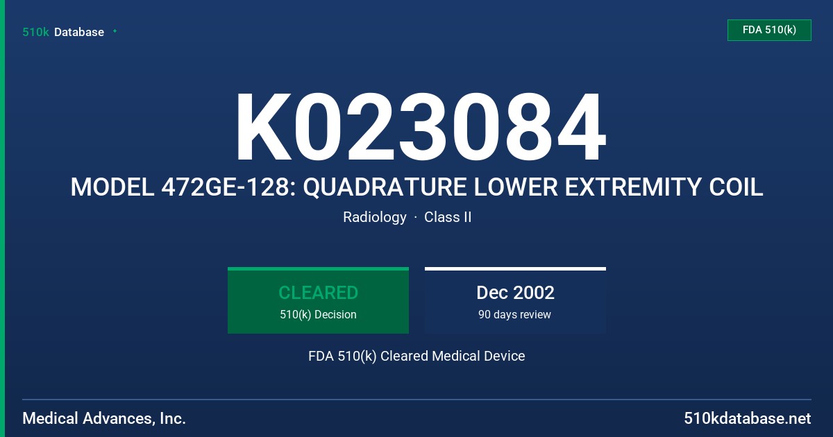 K023084 MODEL 472GE-128: QUADRATURE LOWER EXTREMITY COIL FDA 510(k) Cleared Medical Device
