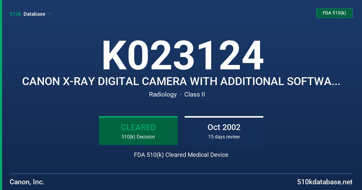 K023124 CANON X-RAY DIGITAL CAMERA WITH ADDITIONAL SOFTWARE, LANMIX MLT FDA 510(k) Cleared Medical Device