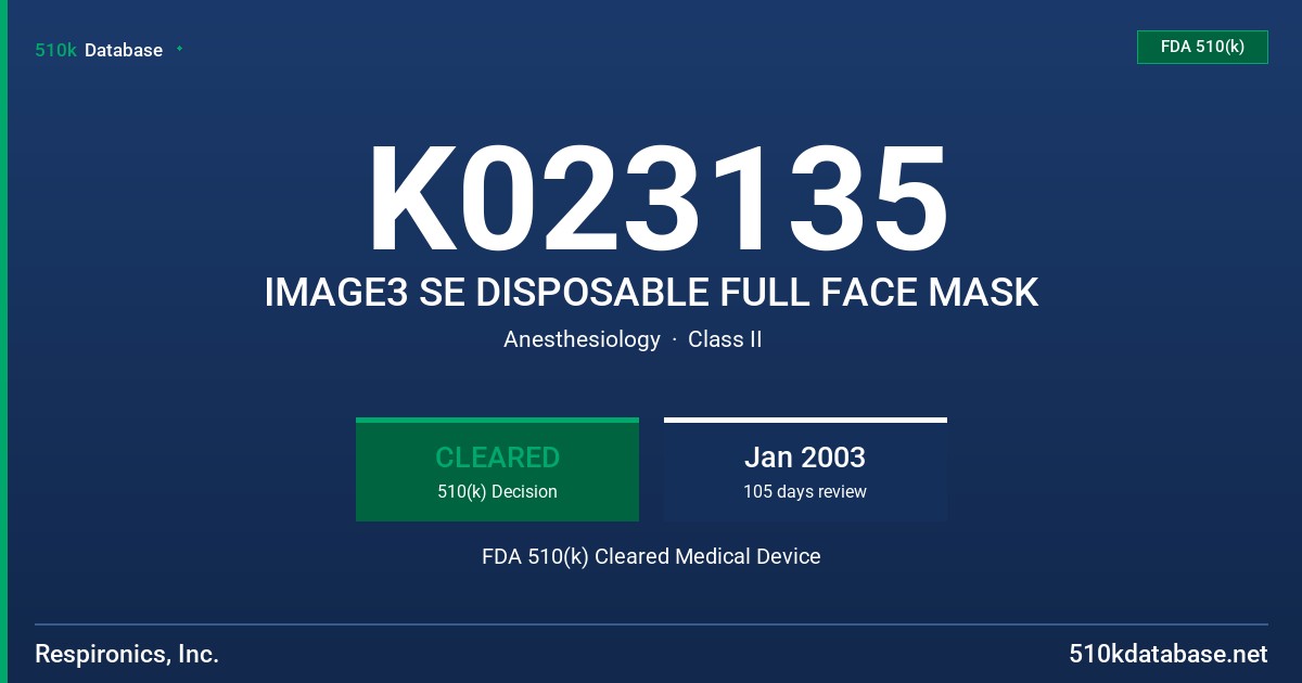 K023135 IMAGE3 SE DISPOSABLE FULL FACE MASK FDA 510(k) Cleared Medical Device