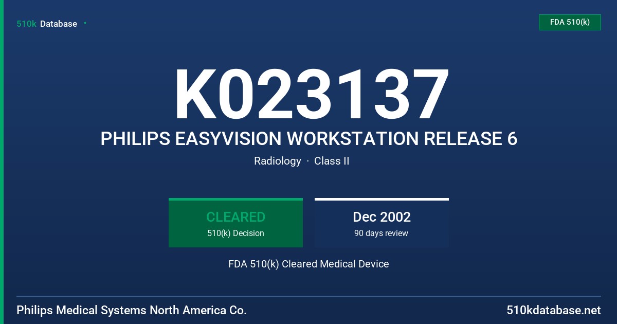 K023137 PHILIPS EASYVISION WORKSTATION RELEASE 6 FDA 510(k) Cleared Medical Device