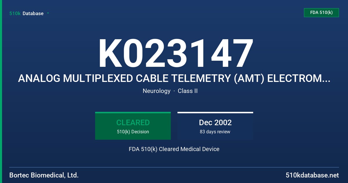 K023147 ANALOG MULTIPLEXED CABLE TELEMETRY (AMT) ELECTROMYOGRAPH, MODELS AMT-16, AMT-8 & AMT-4 FDA 510(k) Cleared Medical Device