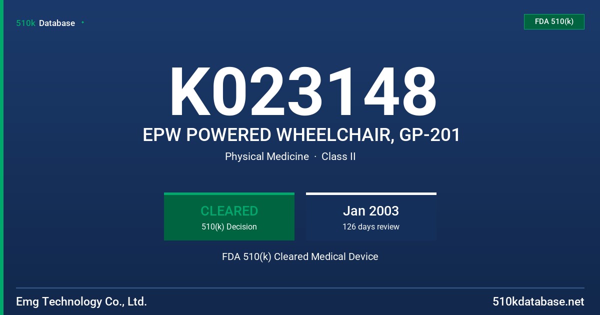 K023148 EPW POWERED WHEELCHAIR, GP-201 FDA 510(k) Cleared Medical Device