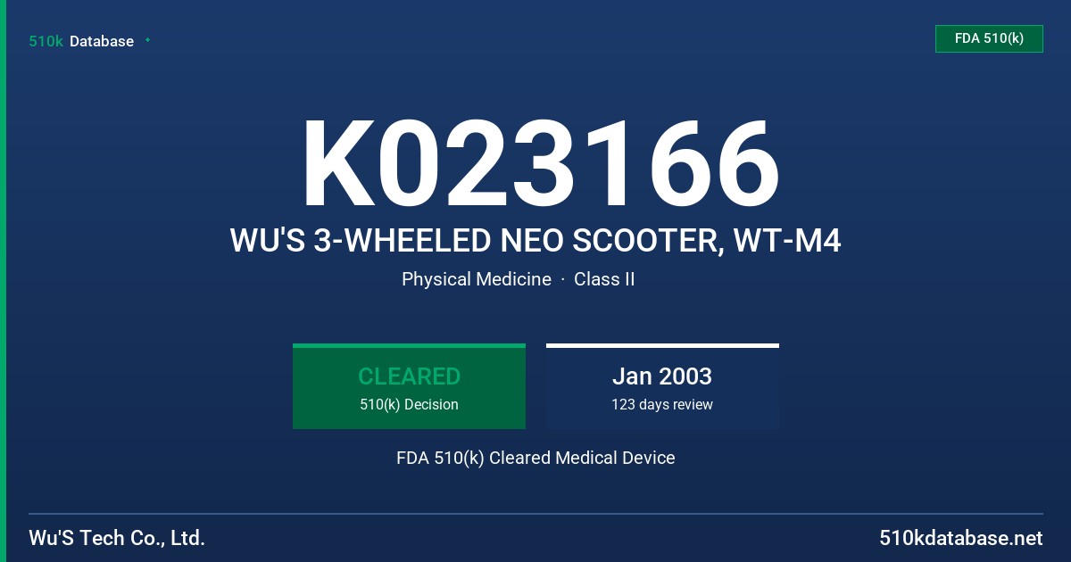 K023166 WU'S 3-WHEELED NEO SCOOTER, WT-M4 FDA 510(k) Cleared Medical Device