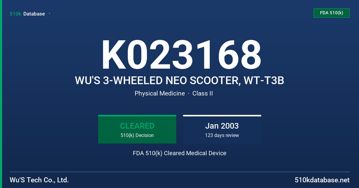 K023168 WU'S 3-WHEELED NEO SCOOTER, WT-T3B FDA 510(k) Cleared Medical Device