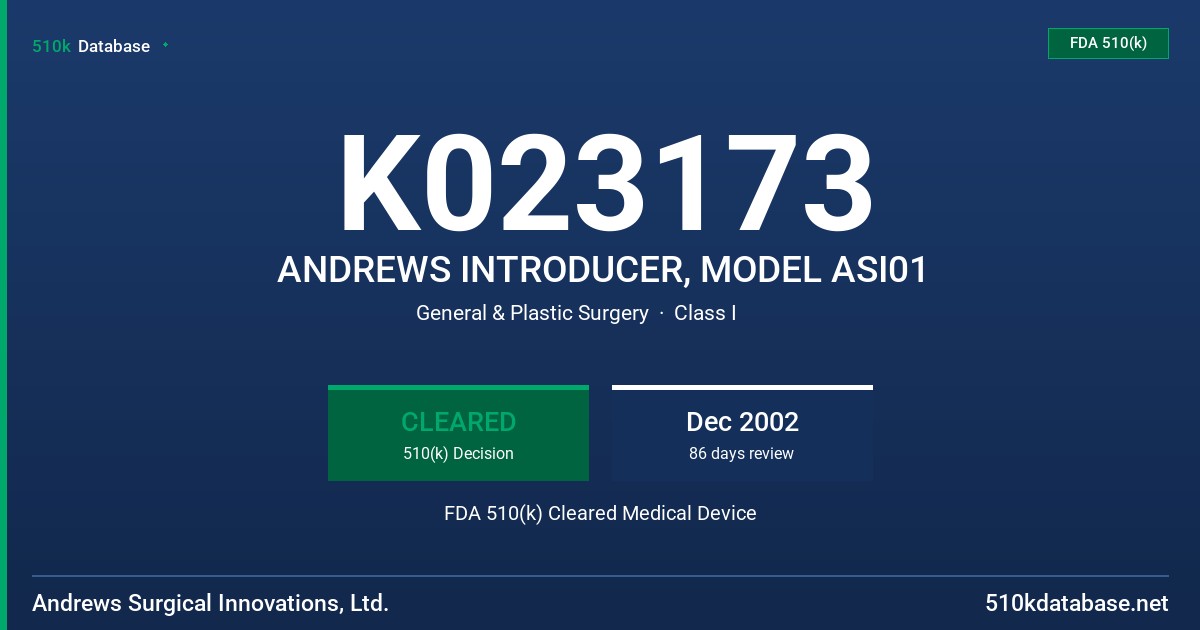 K023173 ANDREWS INTRODUCER, MODEL ASI01 FDA 510(k) Cleared Medical Device