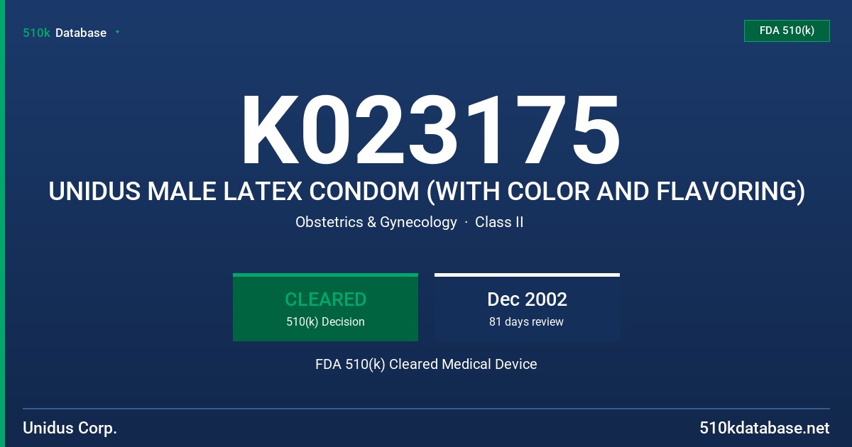 K023175 UNIDUS MALE LATEX CONDOM (WITH COLOR AND FLAVORING) FDA 510(k) Cleared Medical Device