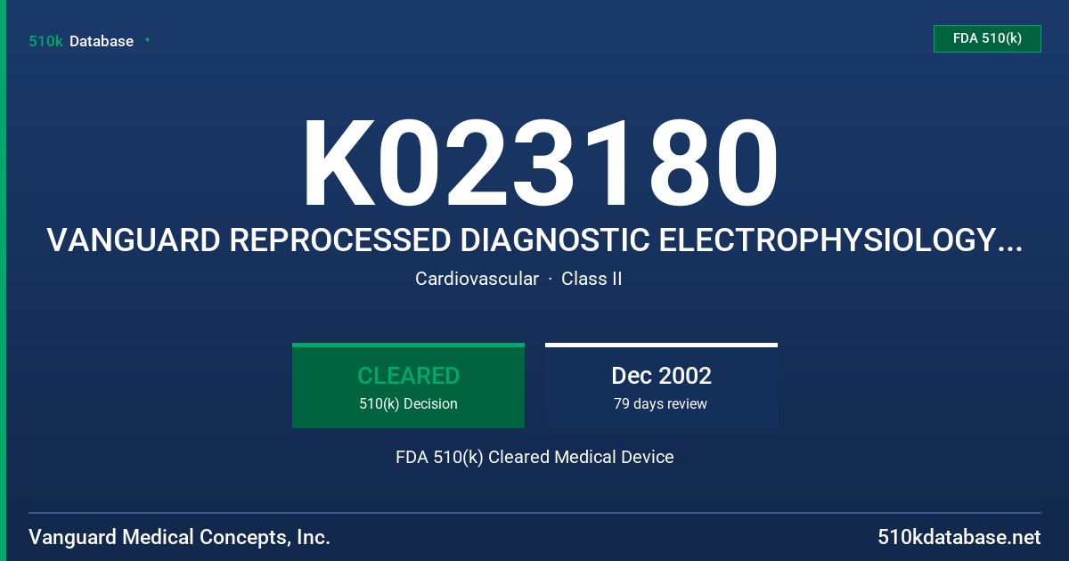 K023180 VANGUARD REPROCESSED DIAGNOSTIC ELECTROPHYSIOLOGY CATHETERS FDA 510(k) Cleared Medical Device