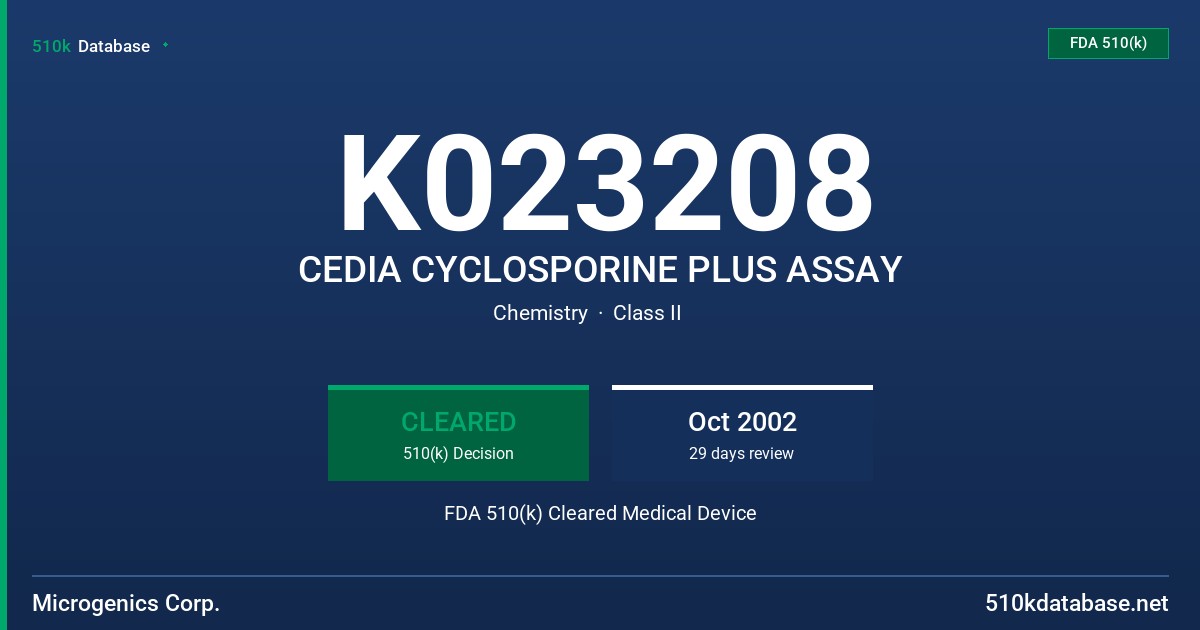 K023208 CEDIA CYCLOSPORINE PLUS ASSAY FDA 510(k) Cleared Medical Device