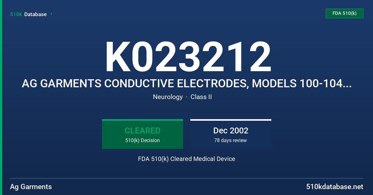 K023212 AG GARMENTS CONDUCTIVE ELECTRODES, MODELS 100-104 SLEEVES,110-114 GLOVES,120-124 SOCKS,130-132 PANELS FDA 510(k) Cleared Medical Device