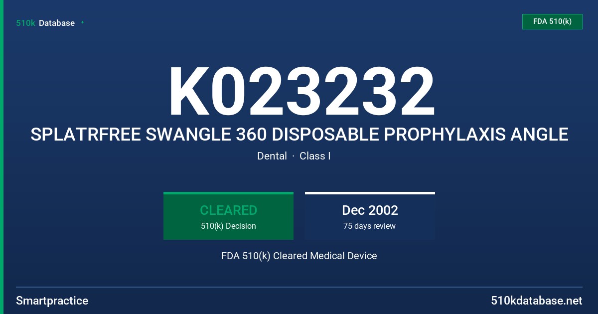 K023232 SPLATRFREE SWANGLE 360 DISPOSABLE PROPHYLAXIS ANGLE FDA 510(k) Cleared Medical Device