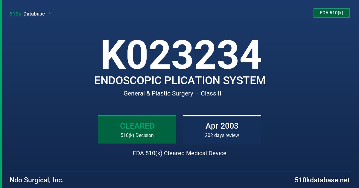 K023234 ENDOSCOPIC PLICATION SYSTEM FDA 510(k) Cleared Medical Device