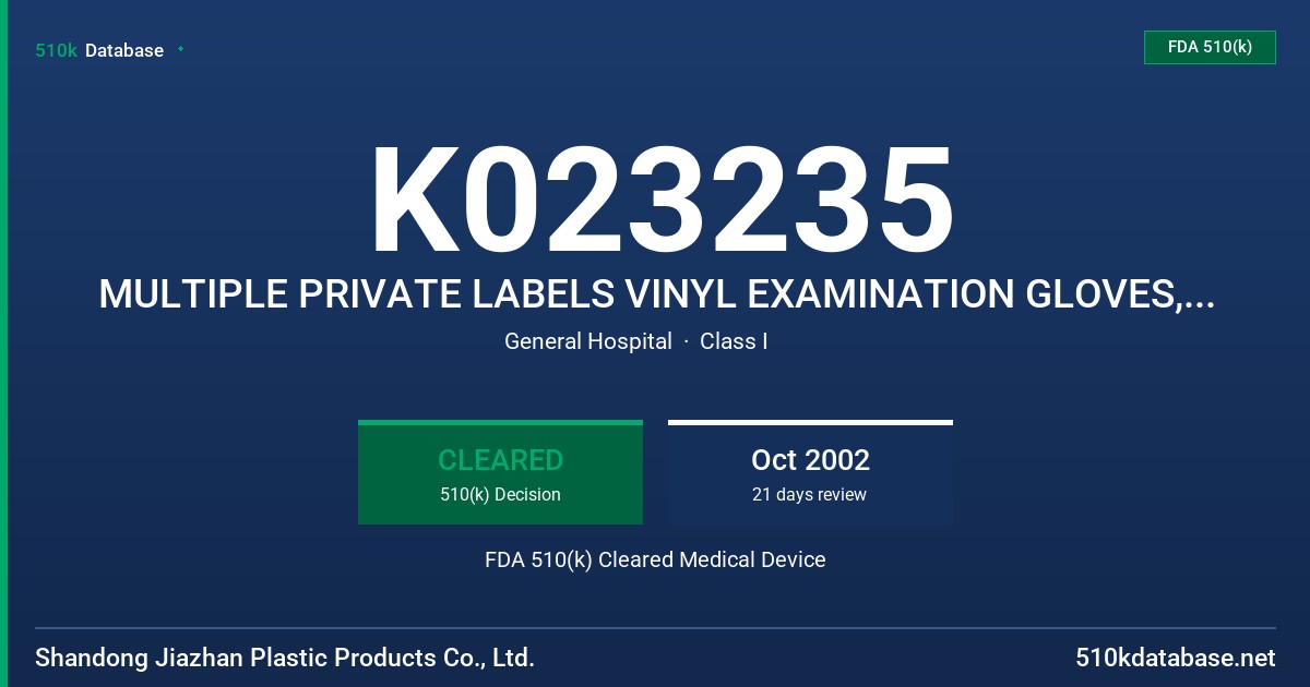 K023235 MULTIPLE PRIVATE LABELS VINYL EXAMINATION GLOVES, POWDER-FREE FDA 510(k) Cleared Medical Device