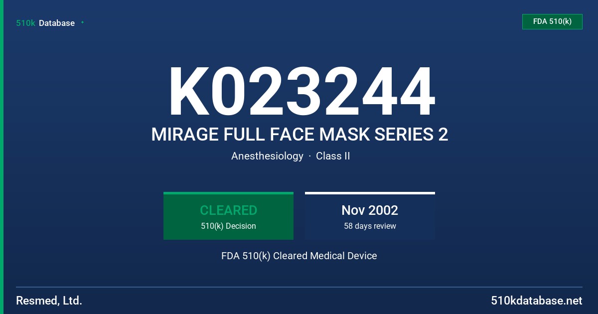K023244 MIRAGE FULL FACE MASK SERIES 2 FDA 510(k) Cleared Medical Device