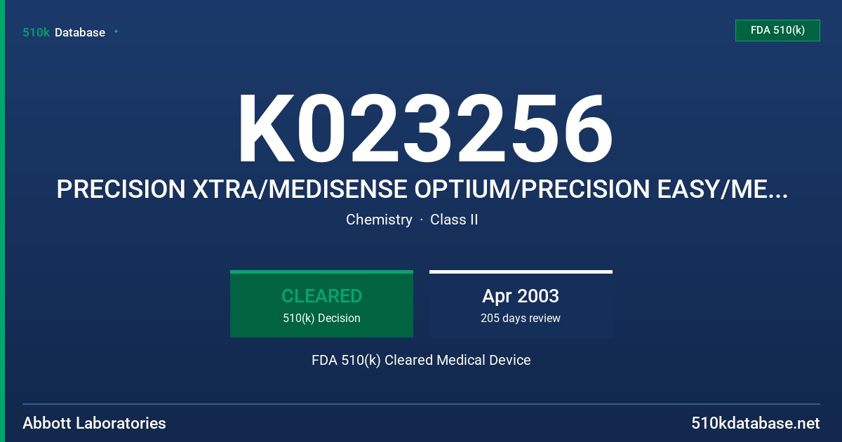 K023256 PRECISION XTRA/MEDISENSE OPTIUM/PRECISION EASY/MEDISENSE OPTIUM EASY BLOOD GLUCOSE TEST STRIP WITH TRUE MEASURE TECHNOLO FDA 510(k) Cleared Medical Device