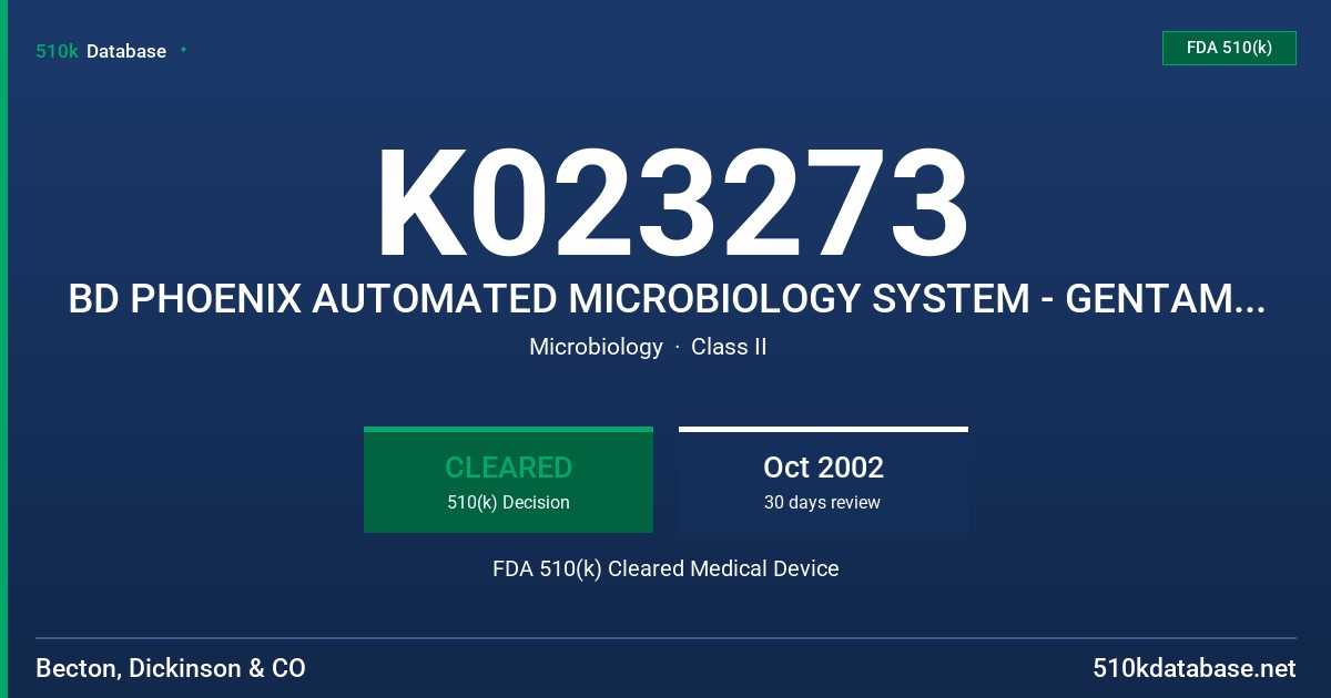 K023273 BD PHOENIX AUTOMATED MICROBIOLOGY SYSTEM - GENTAMICIN 0.25 - 16 UG/ML FDA 510(k) Cleared Medical Device