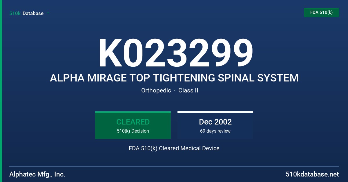 K023299 ALPHA MIRAGE TOP TIGHTENING SPINAL SYSTEM FDA 510(k) Cleared Medical Device
