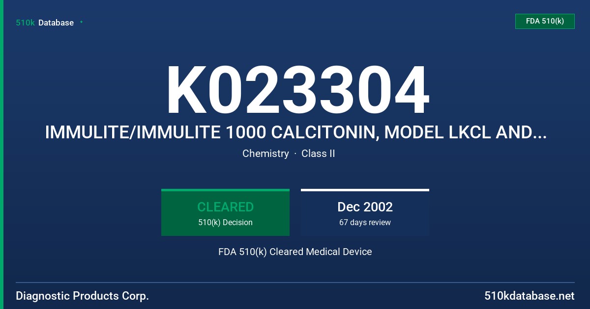 K023304 IMMULITE/IMMULITE 1000 CALCITONIN, MODEL LKCL AND IMMULITE 2000 CALCITONIN, MODEL L2KCL FDA 510(k) Cleared Medical Device