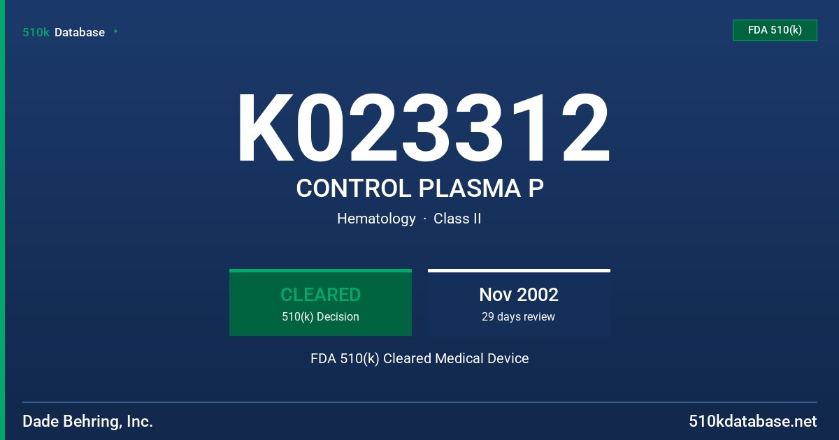 K023312 CONTROL PLASMA P FDA 510(k) Cleared Medical Device