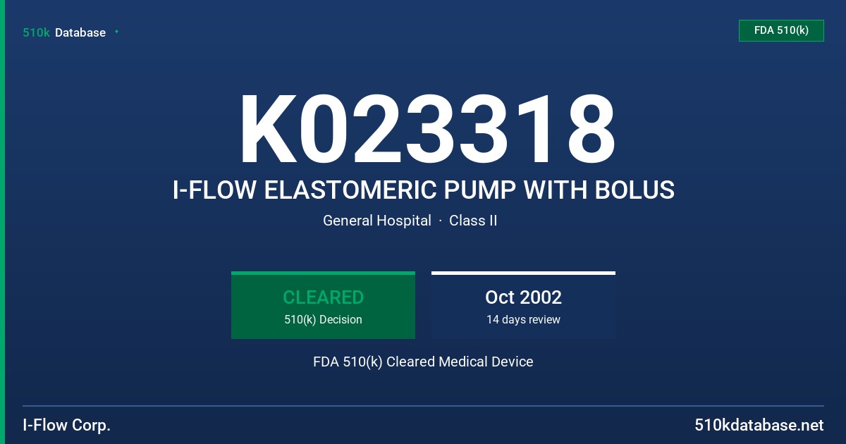 K023318 I-FLOW ELASTOMERIC PUMP WITH BOLUS FDA 510(k) Cleared Medical Device