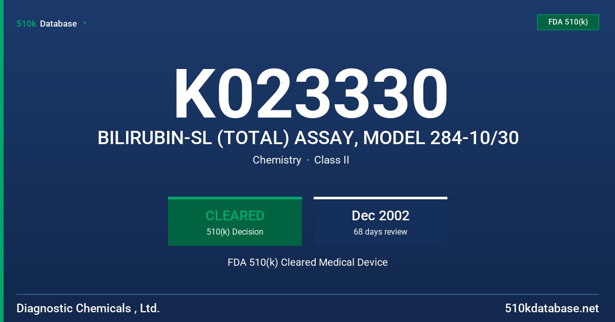 K023330 BILIRUBIN-SL (TOTAL) ASSAY, MODEL 284-10/30 FDA 510(k) Cleared Medical Device