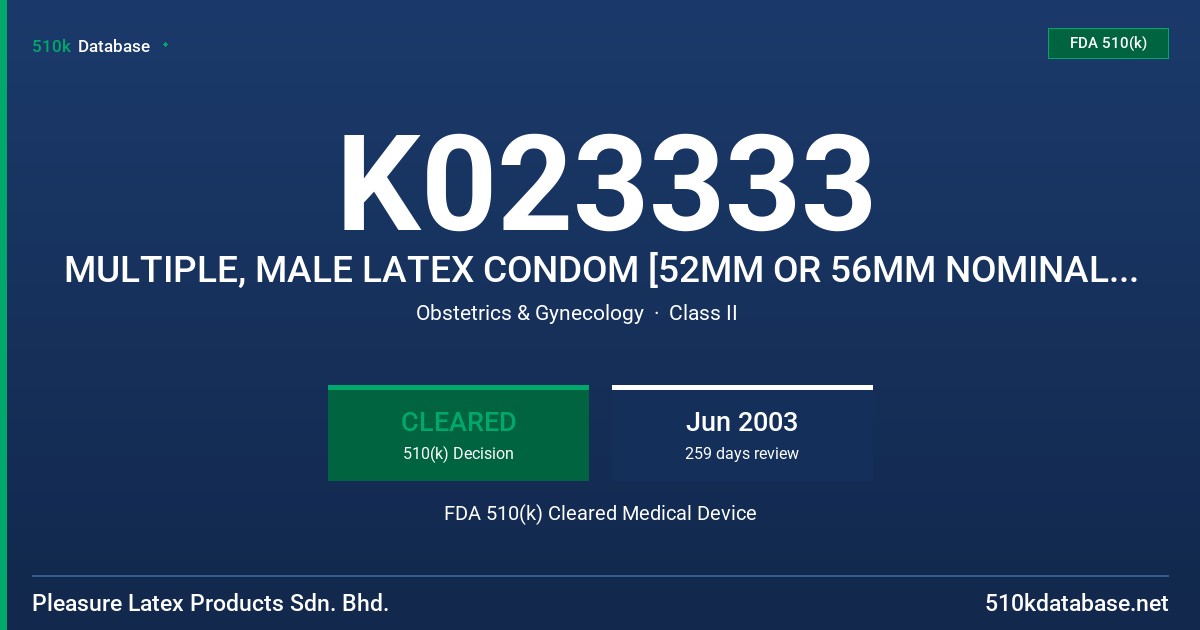 K023333 MULTIPLE, MALE LATEX CONDOM [52MM OR 56MM NOMINAL WIDTH WITH SMOOTH OR DOTTED OR RIBBED OR 3 IN 1 (DOTTED/RIBBED/CONTOUR FDA 510(k) Cleared Medical Device