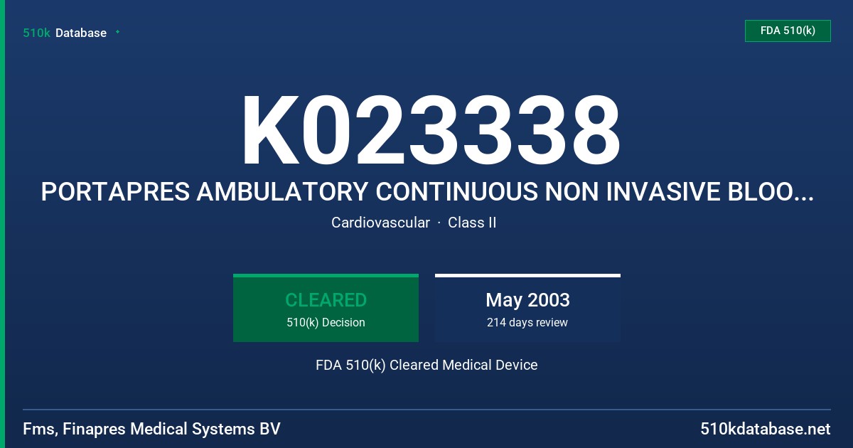 K023338 PORTAPRES AMBULATORY CONTINUOUS NON INVASIVE BLOOD PRESSURE MONITOR,MODEL-2 FDA 510(k) Cleared Medical Device