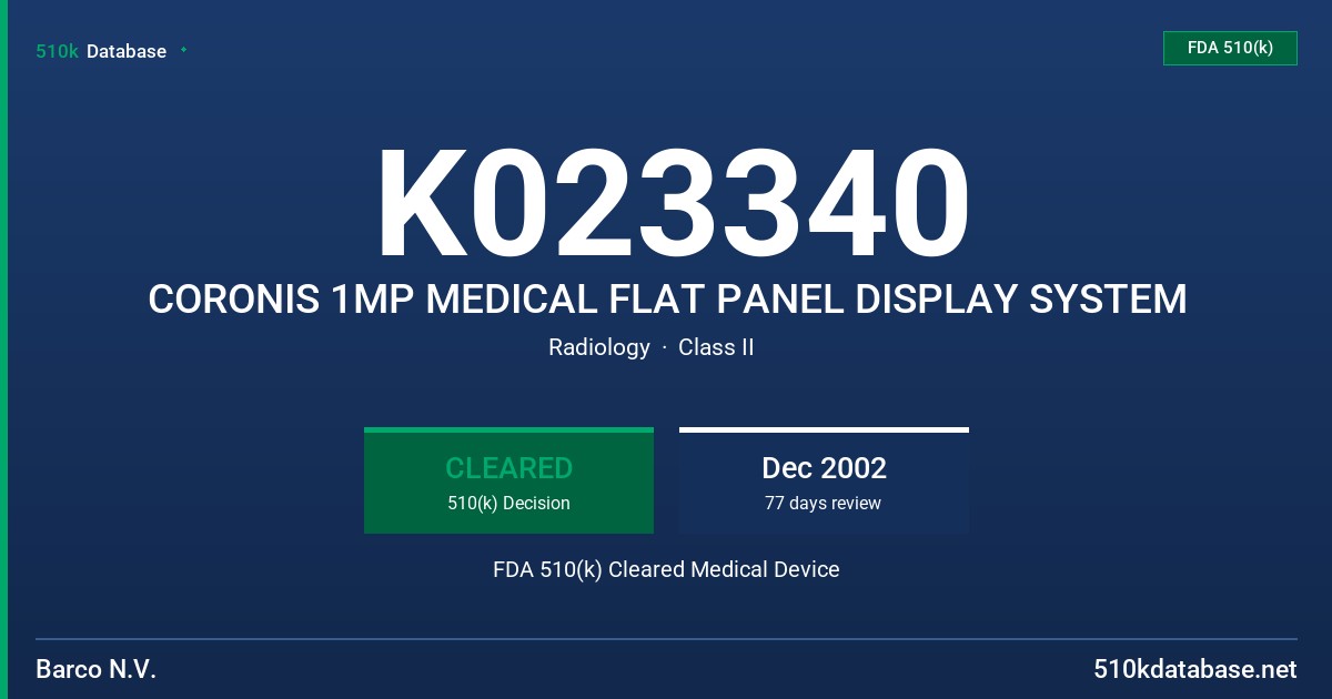 K023340 CORONIS 1MP MEDICAL FLAT PANEL DISPLAY SYSTEM FDA 510(k) Cleared Medical Device