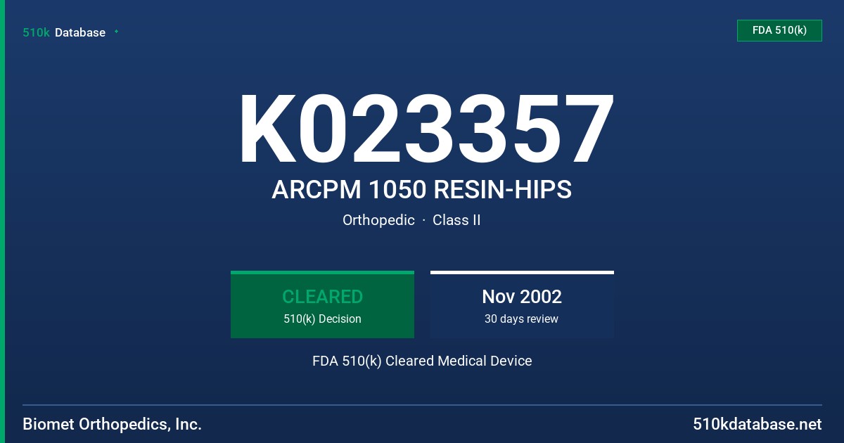 K023357 ARCPM 1050 RESIN-HIPS FDA 510(k) Cleared Medical Device