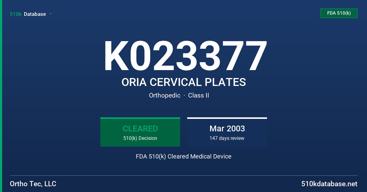 K023377 ORIA CERVICAL PLATES FDA 510(k) Cleared Medical Device
