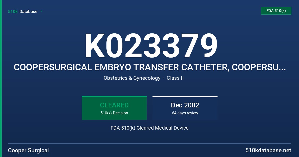 K023379 COOPERSURGICAL EMBRYO TRANSFER CATHETER, COOPERSURGICAL ASSISTED REPRODUCTION CATHETER FDA 510(k) Cleared Medical Device