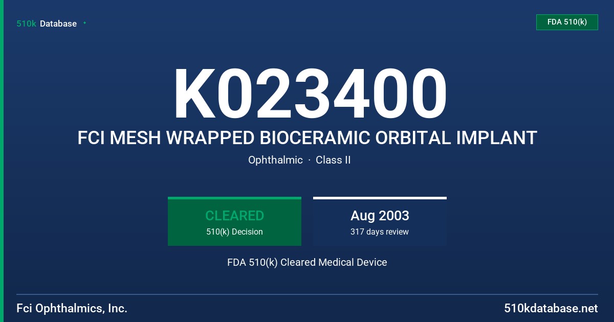 K023400 FCI MESH WRAPPED BIOCERAMIC ORBITAL IMPLANT FDA 510(k) Cleared Medical Device
