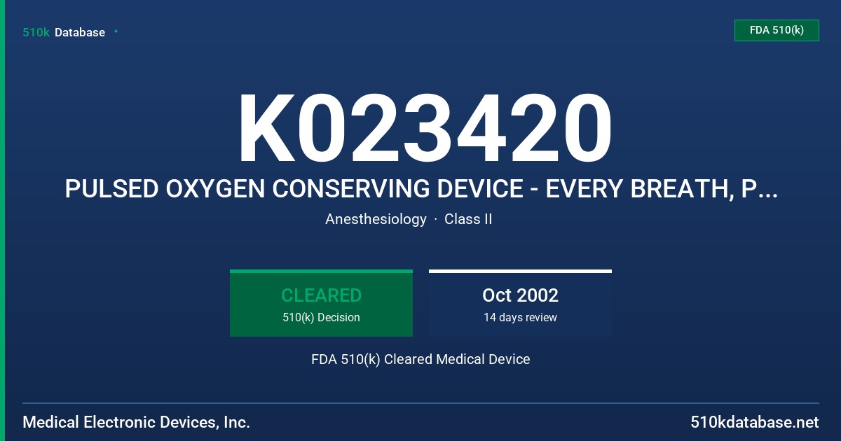 K023420 PULSED OXYGEN CONSERVING DEVICE - EVERY BREATH, POCDEB, REACTEB FDA 510(k) Cleared Medical Device