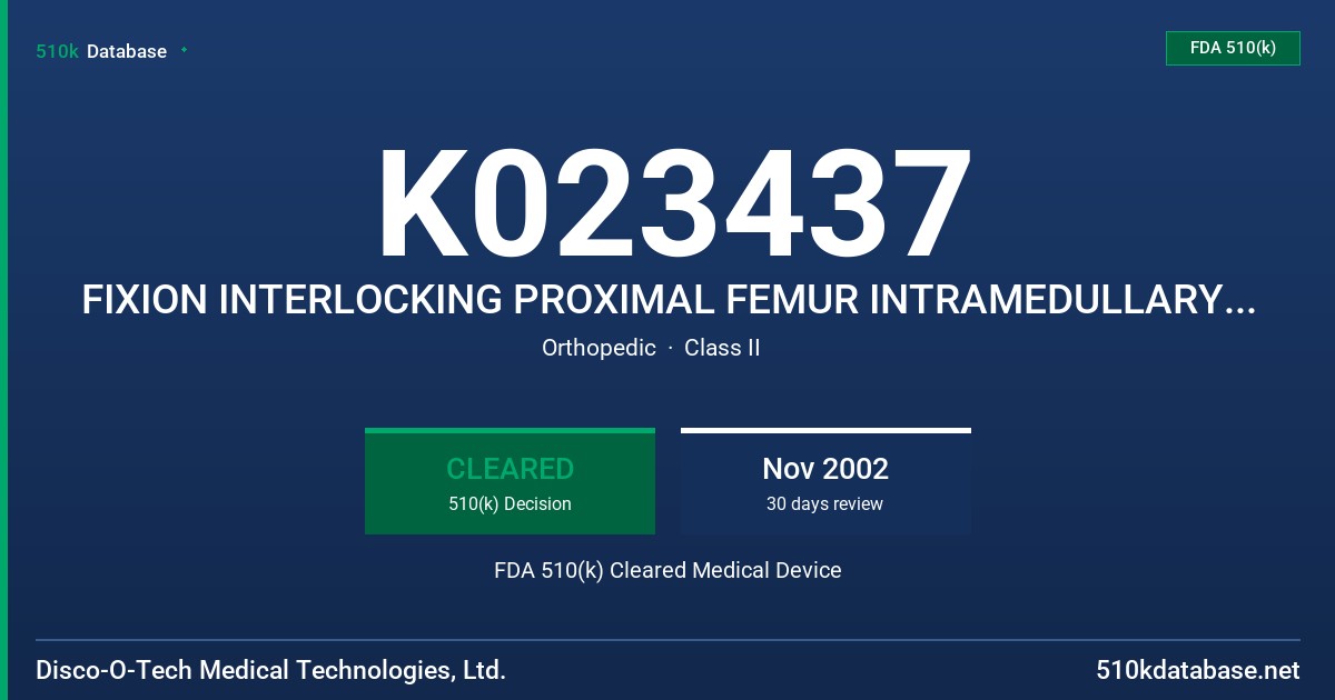K023437 FIXION INTERLOCKING PROXIMAL FEMUR INTRAMEDULLARY NAILING SYSTEM (FIXION PF NAILING SYSTEM), FIXION INTRAMEDULLARY NAIL FDA 510(k) Cleared Medical Device