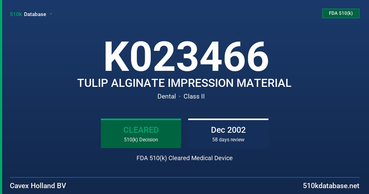 K023466 TULIP ALGINATE IMPRESSION MATERIAL FDA 510(k) Cleared Medical Device