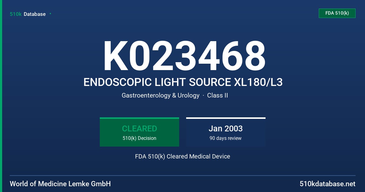 K023468 ENDOSCOPIC LIGHT SOURCE XL180/L3 FDA 510(k) Cleared Medical Device