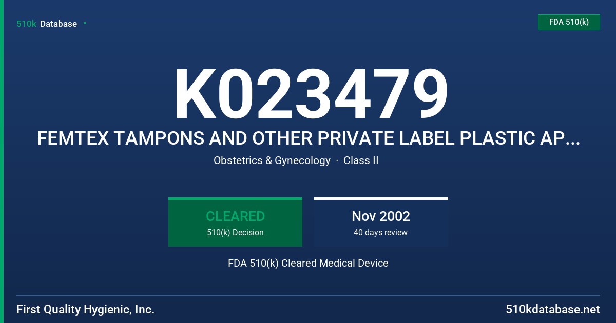 K023479 FEMTEX TAMPONS AND OTHER PRIVATE LABEL PLASTIC APPLICATOR TAMPONS FDA 510(k) Cleared Medical Device