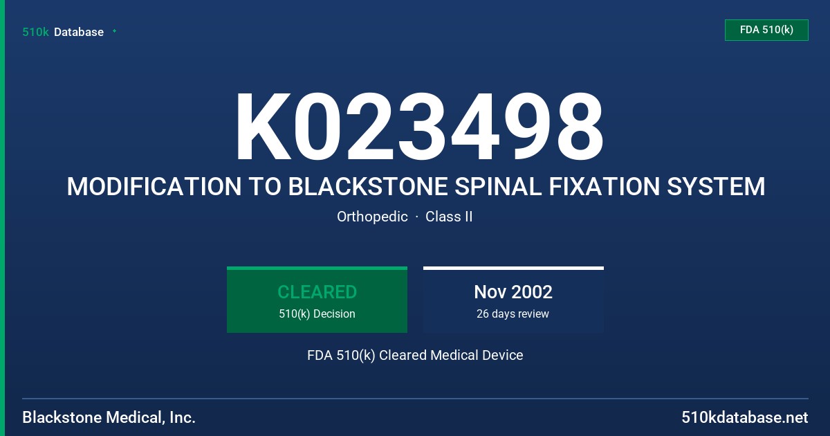 K023498 MODIFICATION TO BLACKSTONE SPINAL FIXATION SYSTEM FDA 510(k) Cleared Medical Device