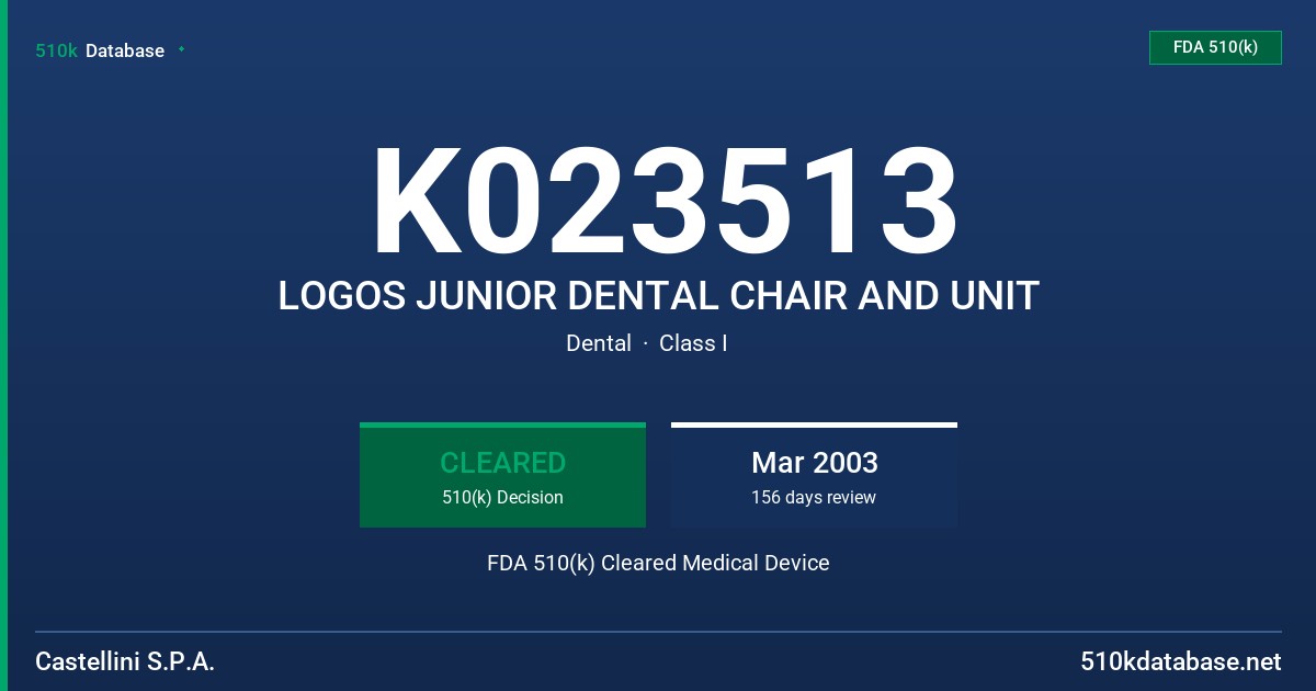 K023513 LOGOS JUNIOR DENTAL CHAIR AND UNIT FDA 510(k) Cleared Medical Device