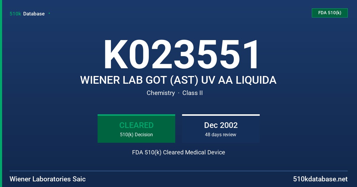 K023551 WIENER LAB GOT (AST) UV AA LIQUIDA FDA 510(k) Cleared Medical Device